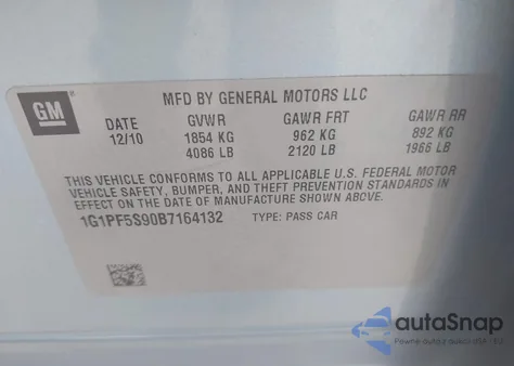 2011 Chevrolet Cruze 1Lt z USA, uszkodzony, nr VIN 1G1PF5S90B7164132